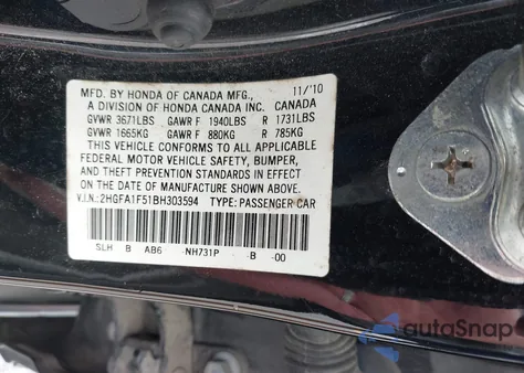 2011 Honda Civic Lx z USA, uszkodzony, nr VIN 2HGFA1F51BH303594